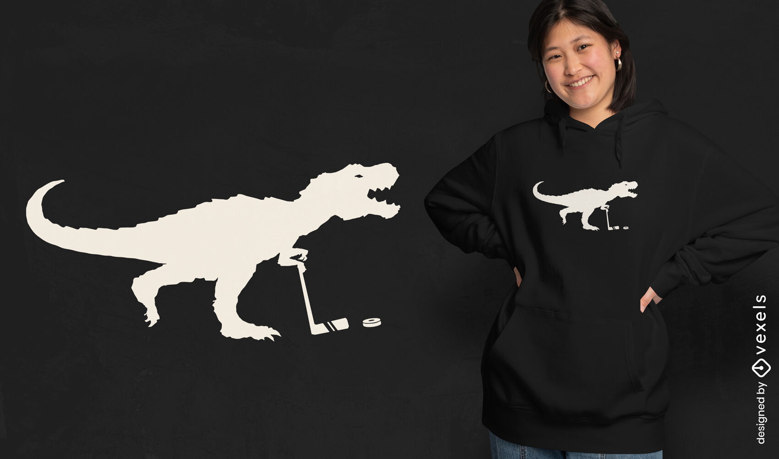 Design de camiseta com silhueta de t-rex jogando h?quei