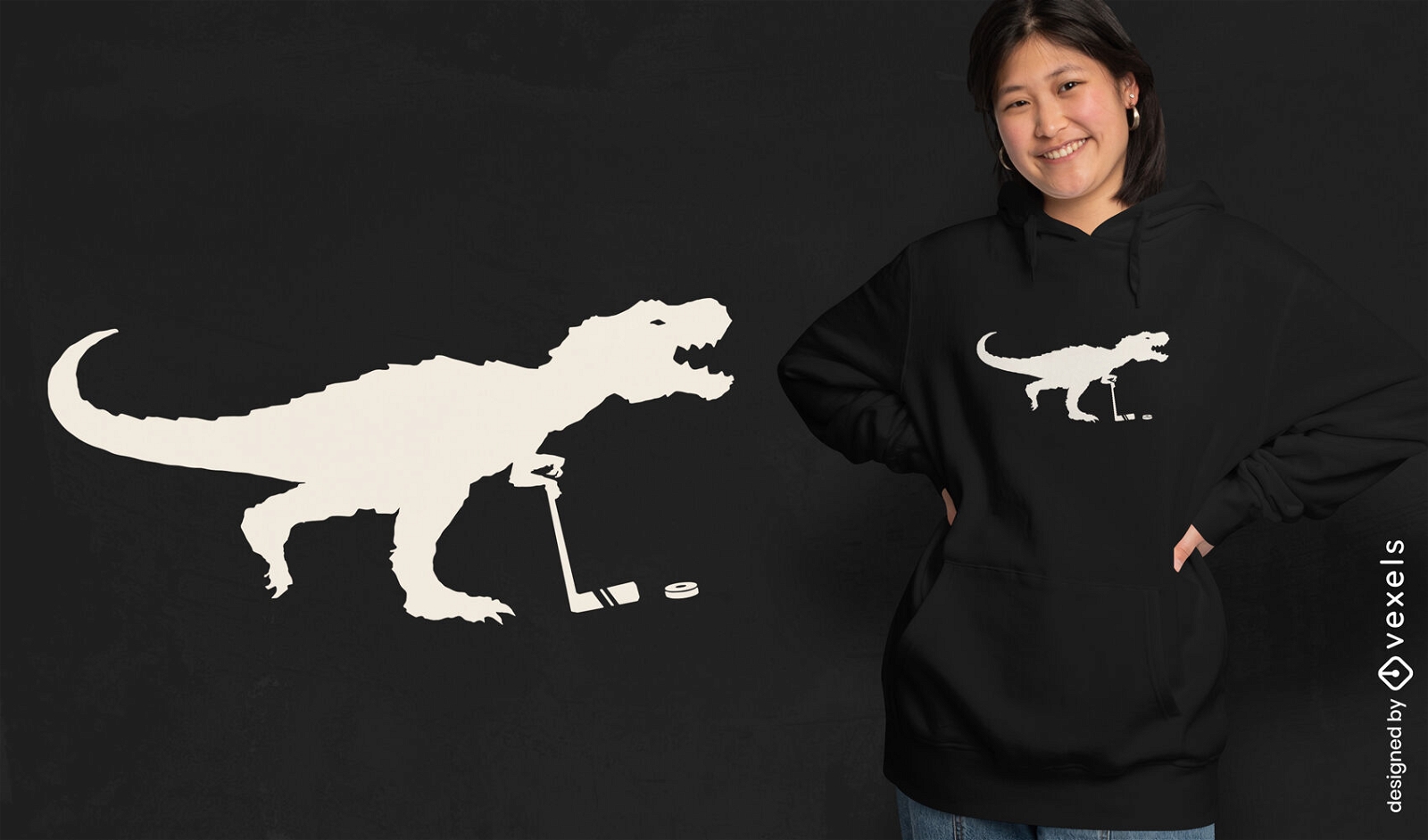 T-rex jugando diseño de camiseta de silueta de hockey.