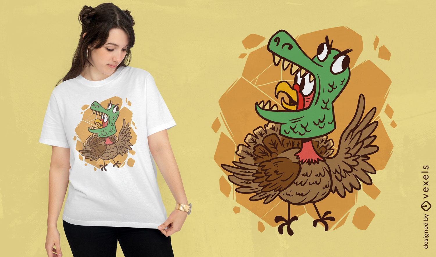 Diseño de camiseta de disfraz de dinosaurio de pavo de dibujos animados.