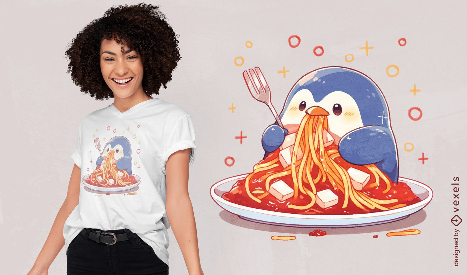 Diseño de camiseta pingüino comiendo espagueti.