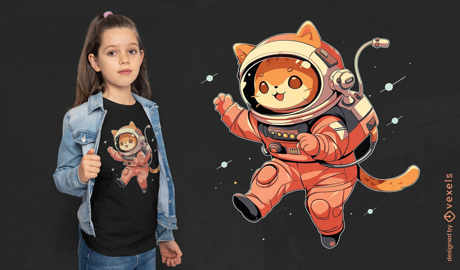 Design de camiseta de gato astronauta fofo no espaço