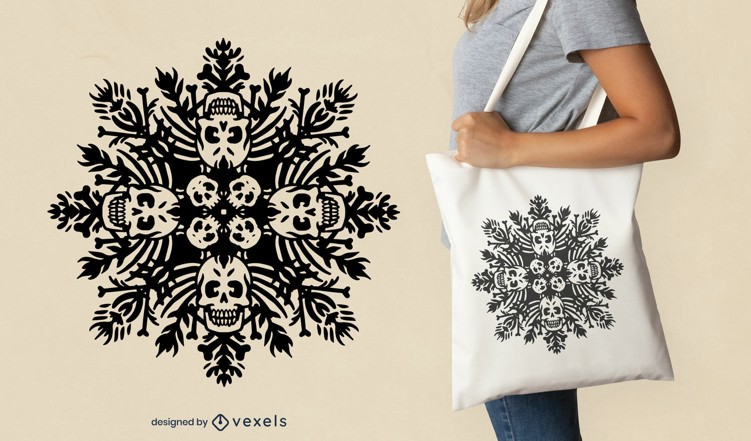 Diseño de bolso tote de calavera con copos de nieve