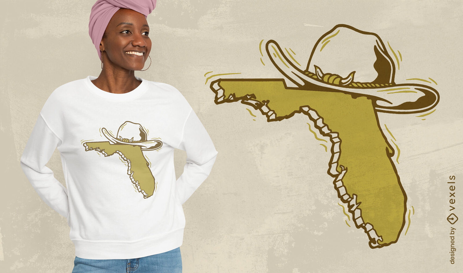 Mapa de Florida con diseño de camiseta con sombrero.