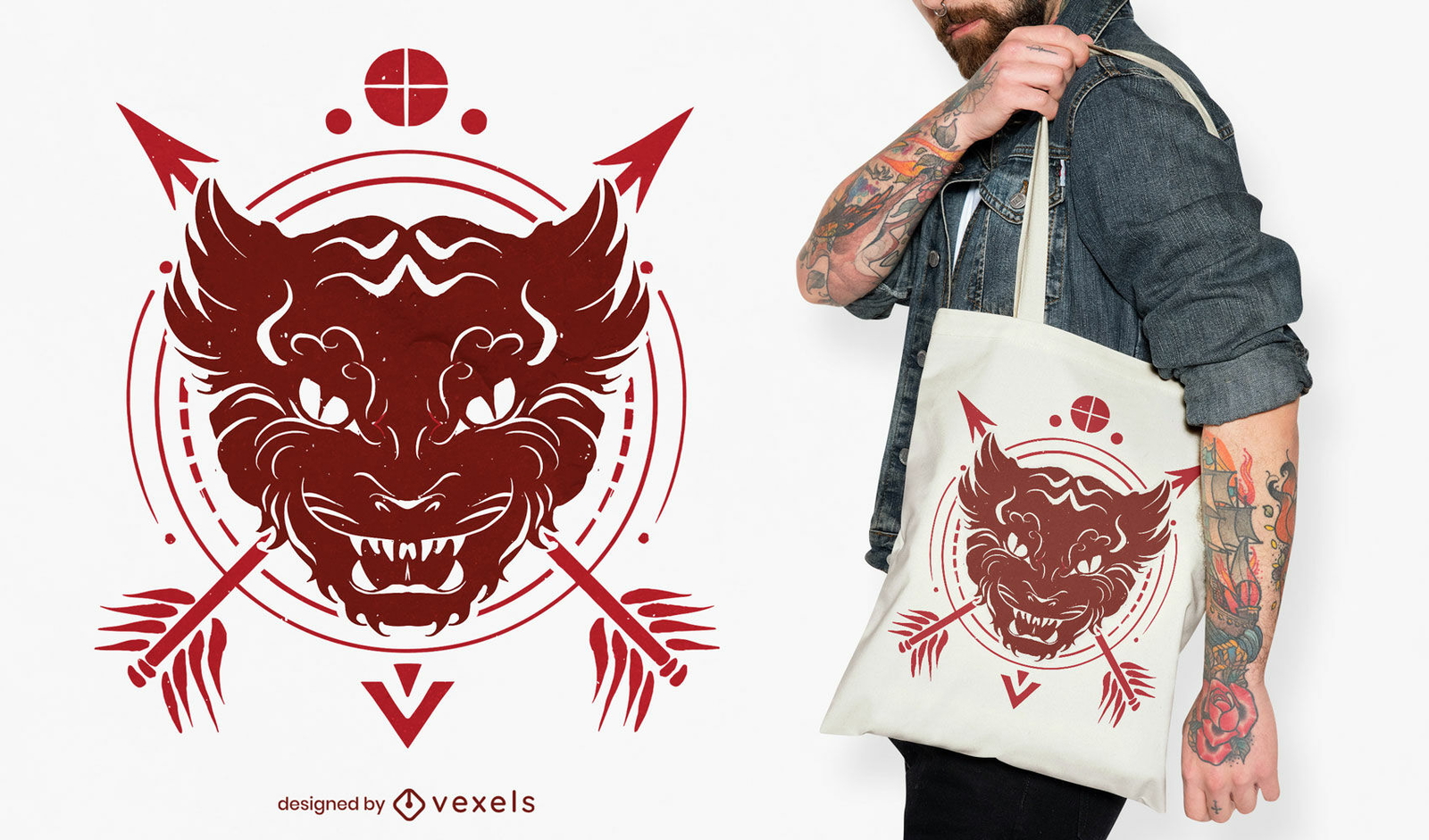 Diseño de tote bag monstruo animal y flechas