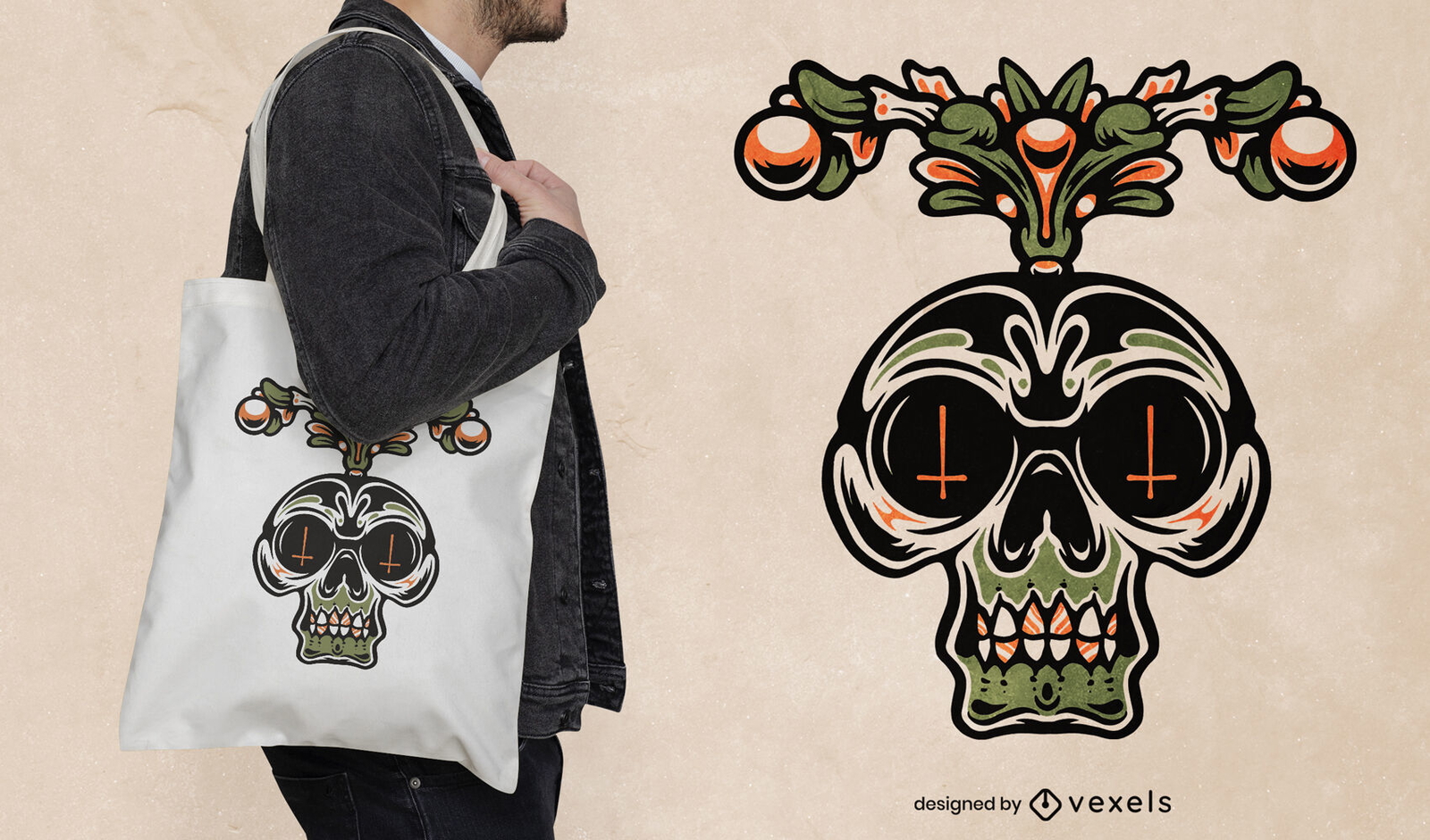 Diseño de bolso tote calavera día de muertos