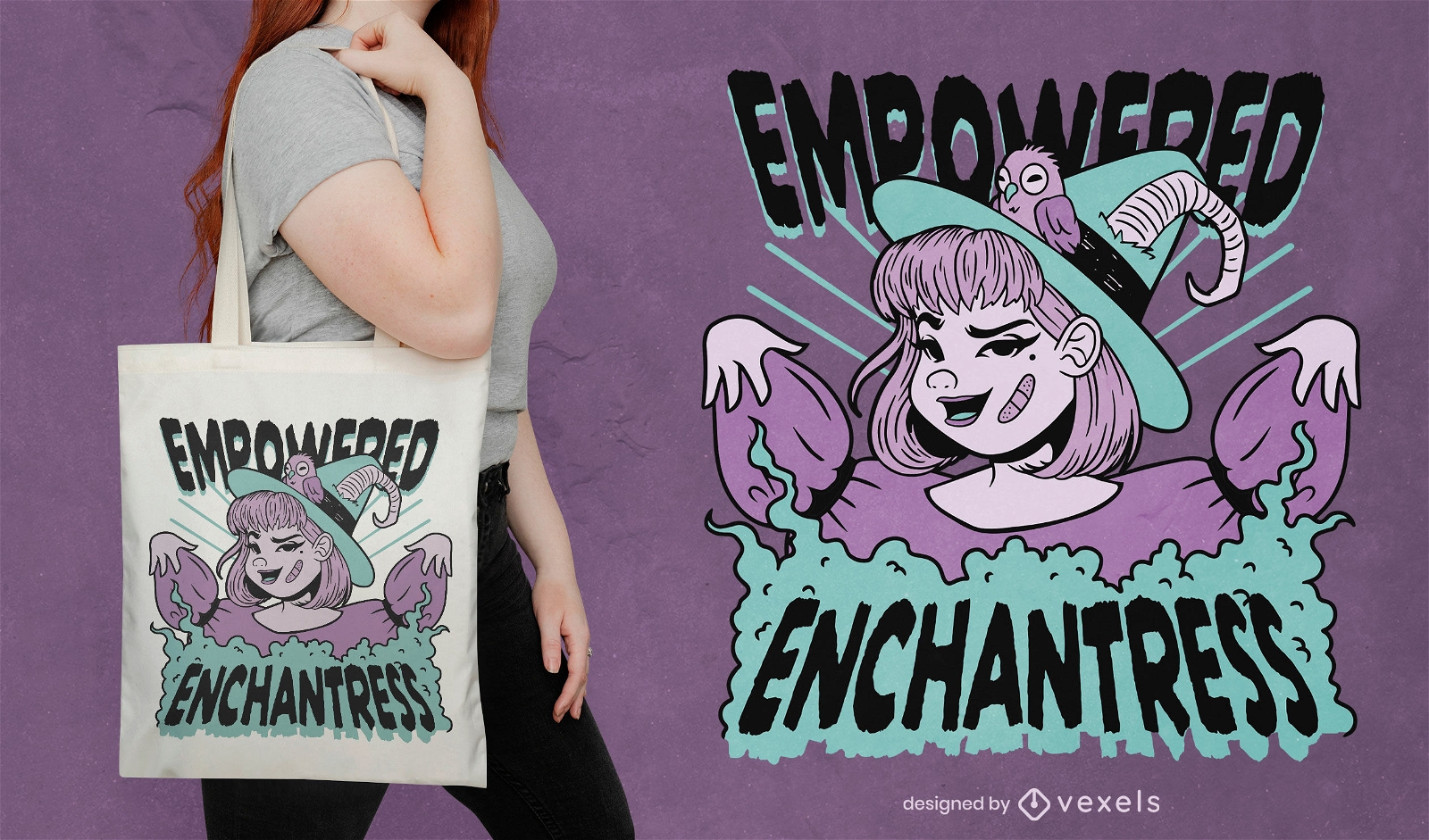 Witchy character magic tote bag design