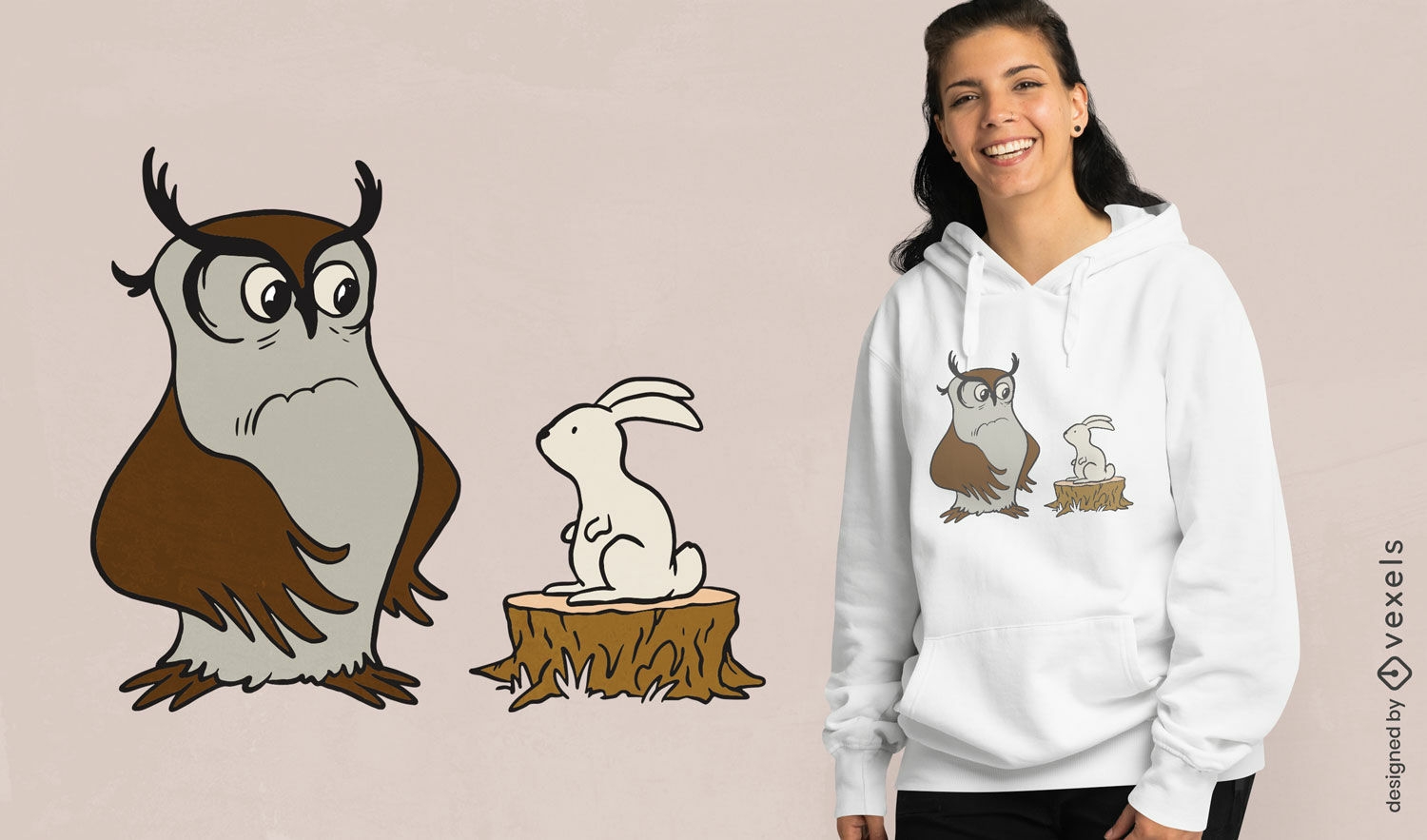 Design de camiseta com coruja e coelho