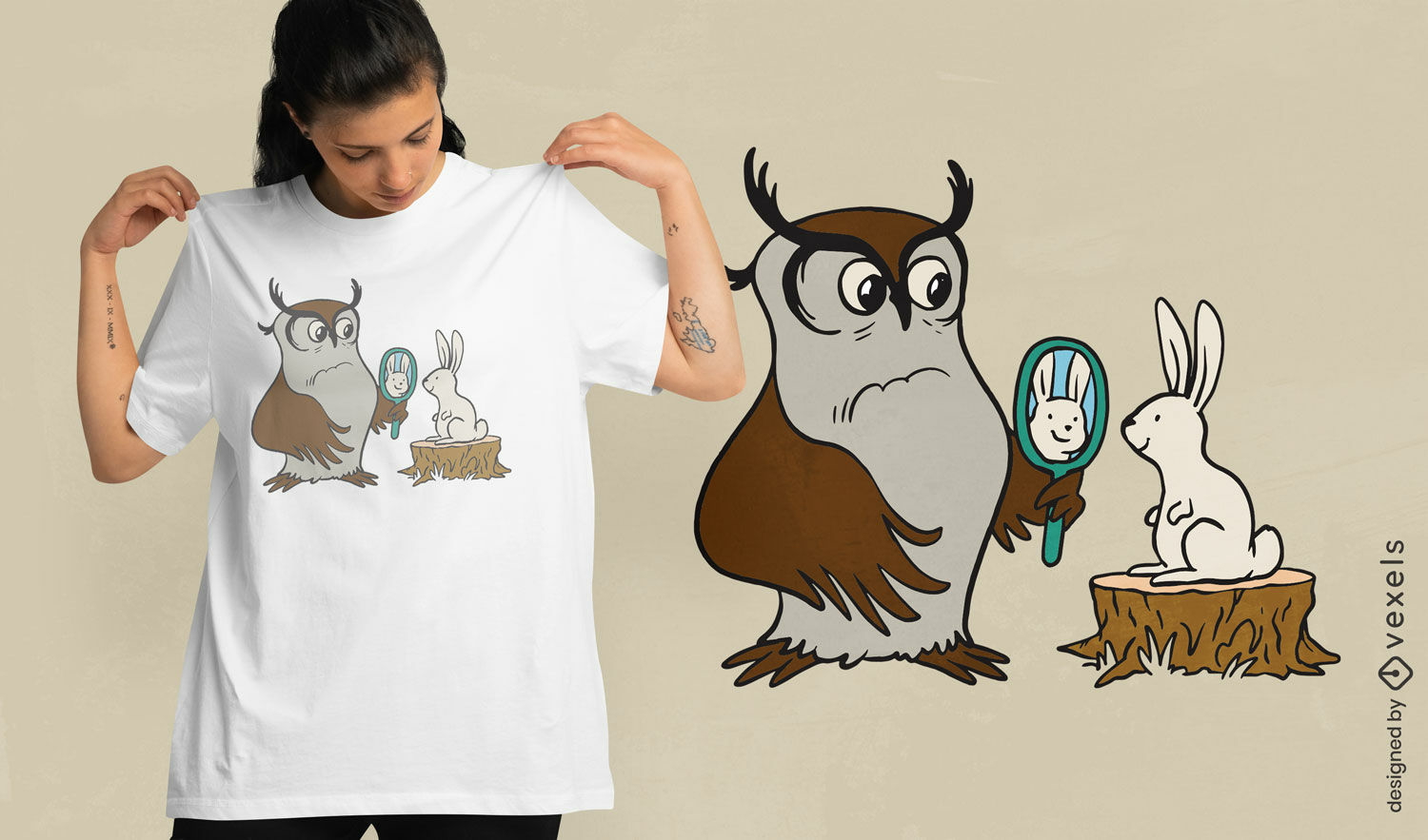 Owl and rabbit mirror t-shirt design