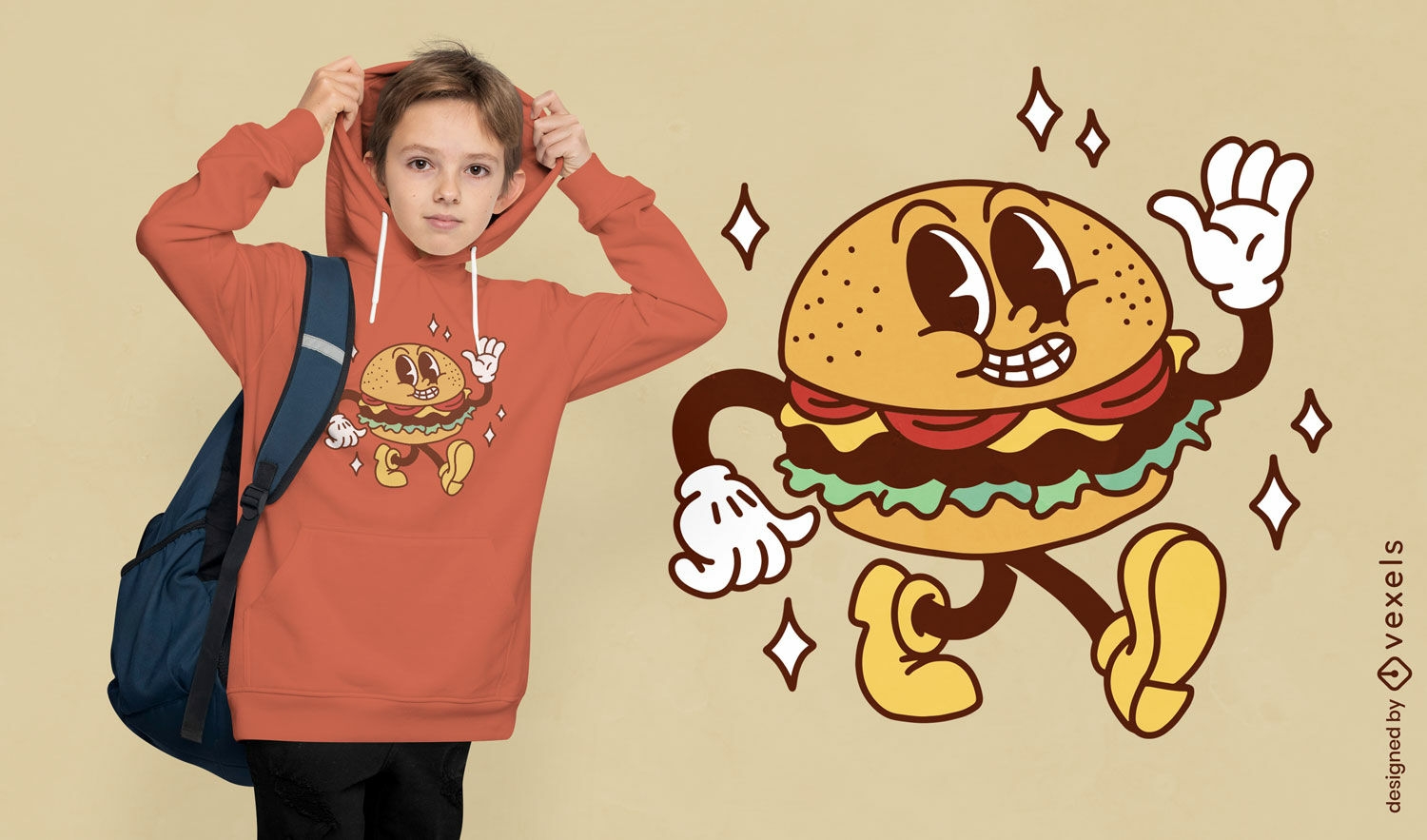 Dise?o de camiseta de dibujos animados retro de hamburguesa.