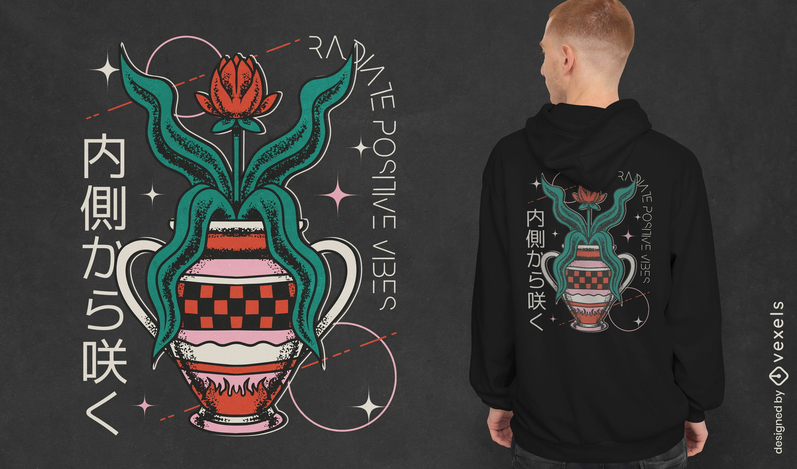 Design de camiseta de vaso de flores de vibrações positivas