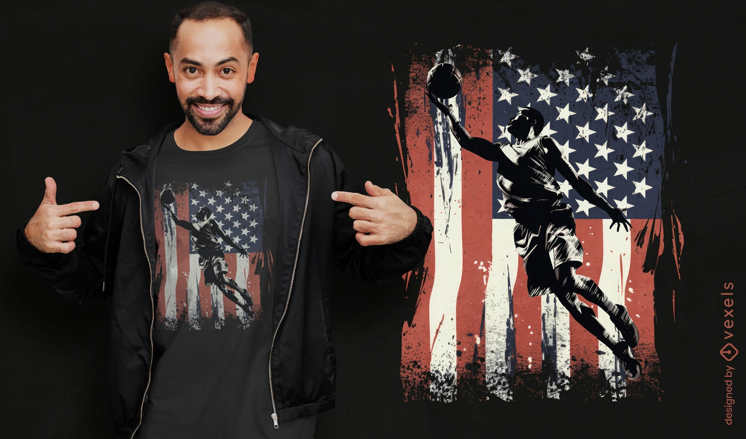 Diseño de camiseta de baloncesto, fútbol y bandera estadounidense.