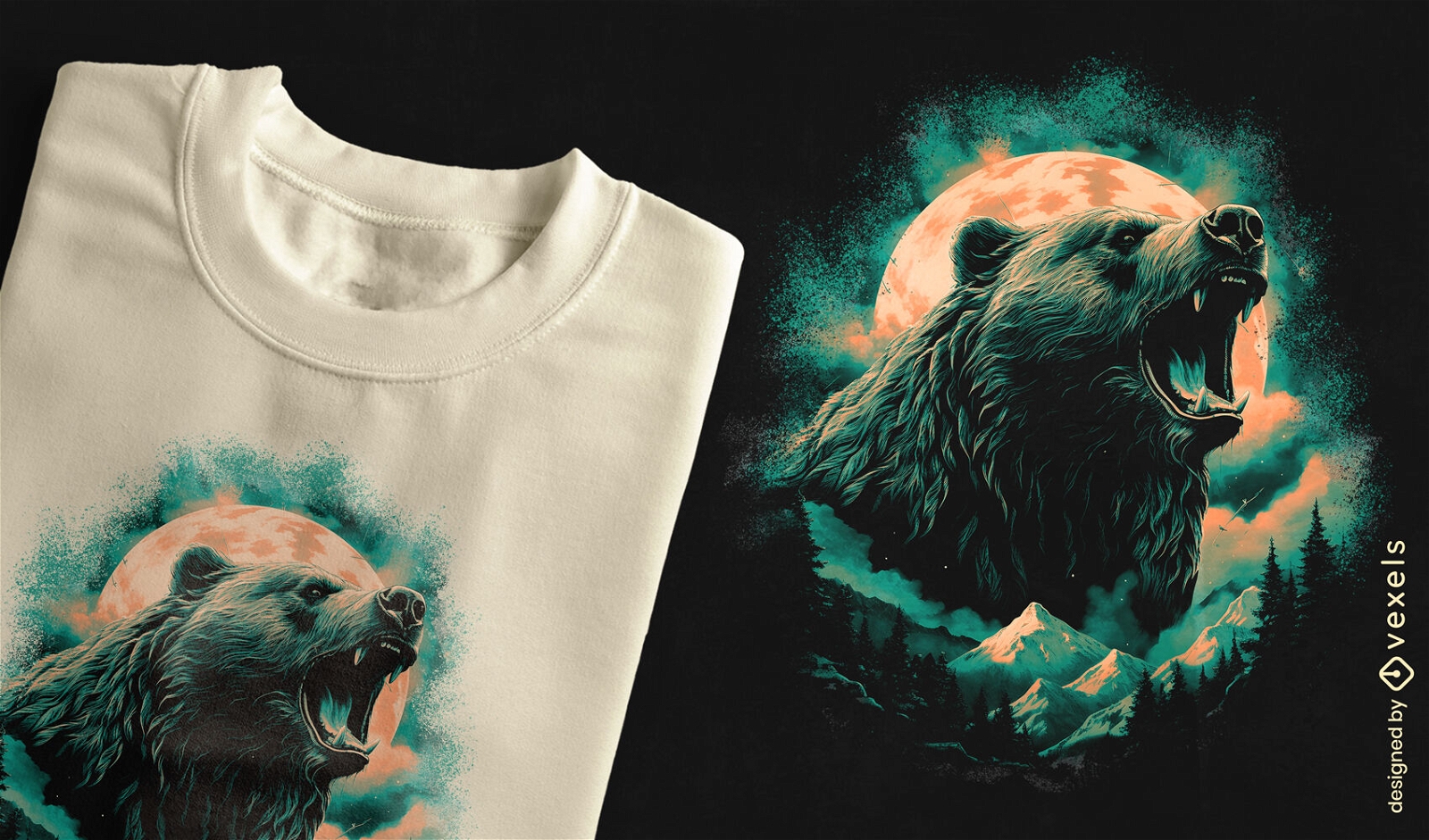 Design de camiseta de urso rugindo nas montanhas
