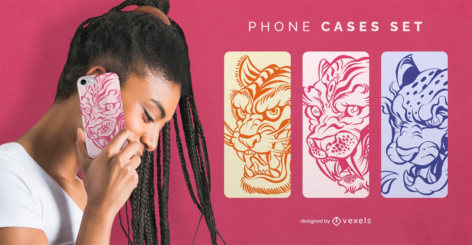 Tiger animal tattoo line art phone case set