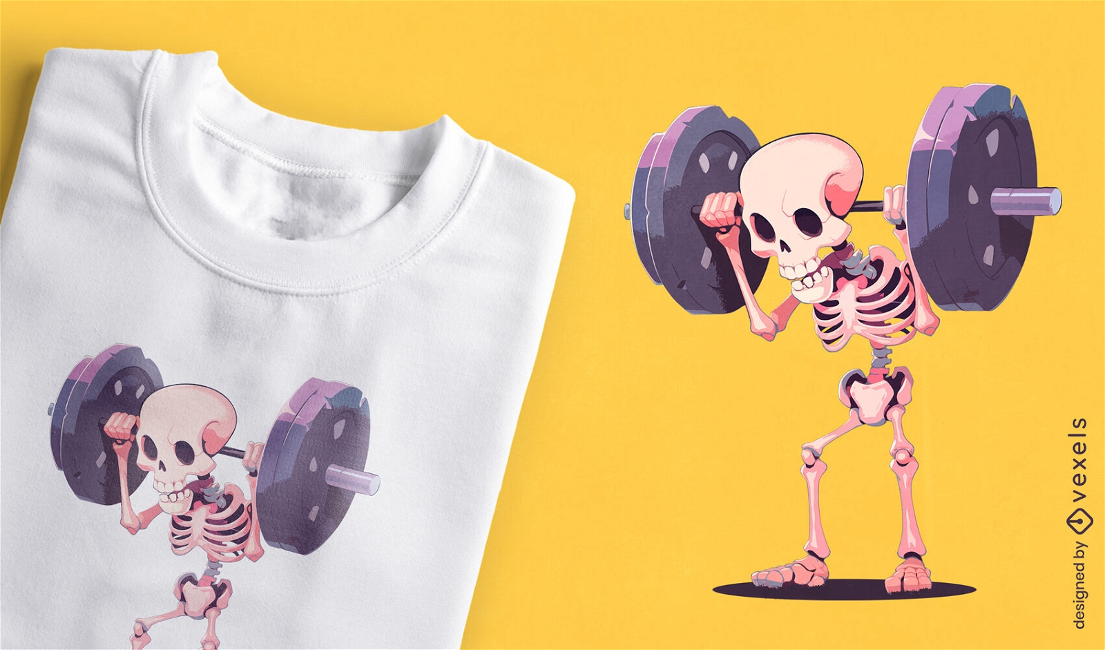 Diseño de camiseta de esqueleto de levantamiento de pesas humorístico.