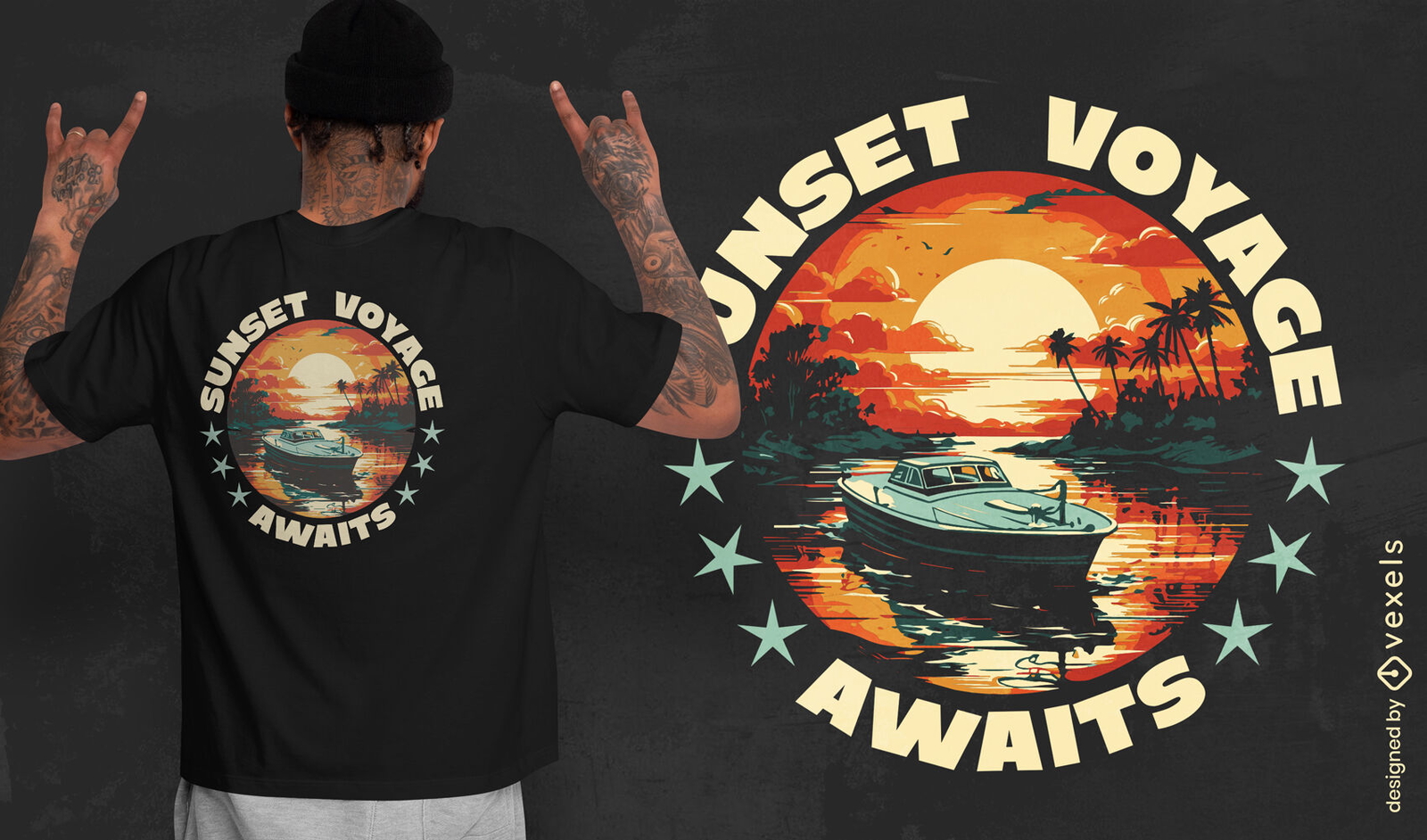 Design de camiseta com p?r do sol para barco na ?gua