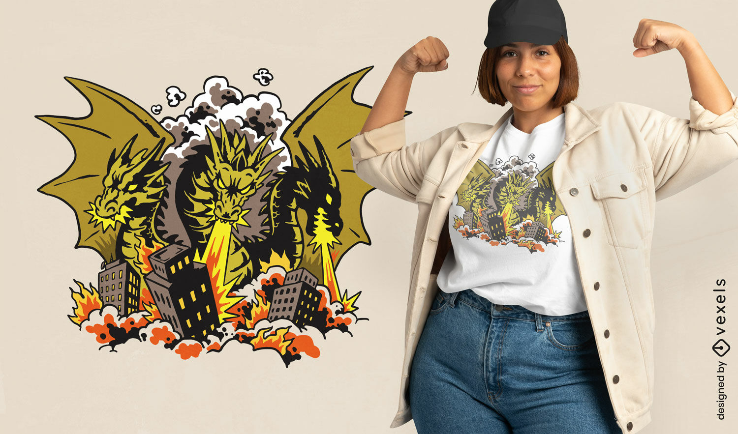 Diseño de camiseta de dragones escupiendo fuego.