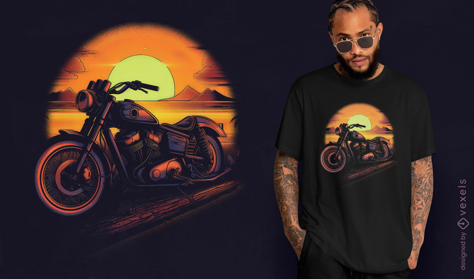 Diseño de camiseta de moto al atardecer.