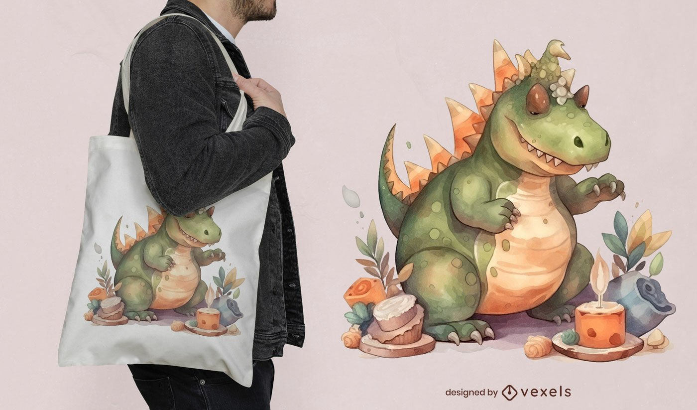 Diseño de bolsa de asas de acuarela de fantasía de dinosaurio