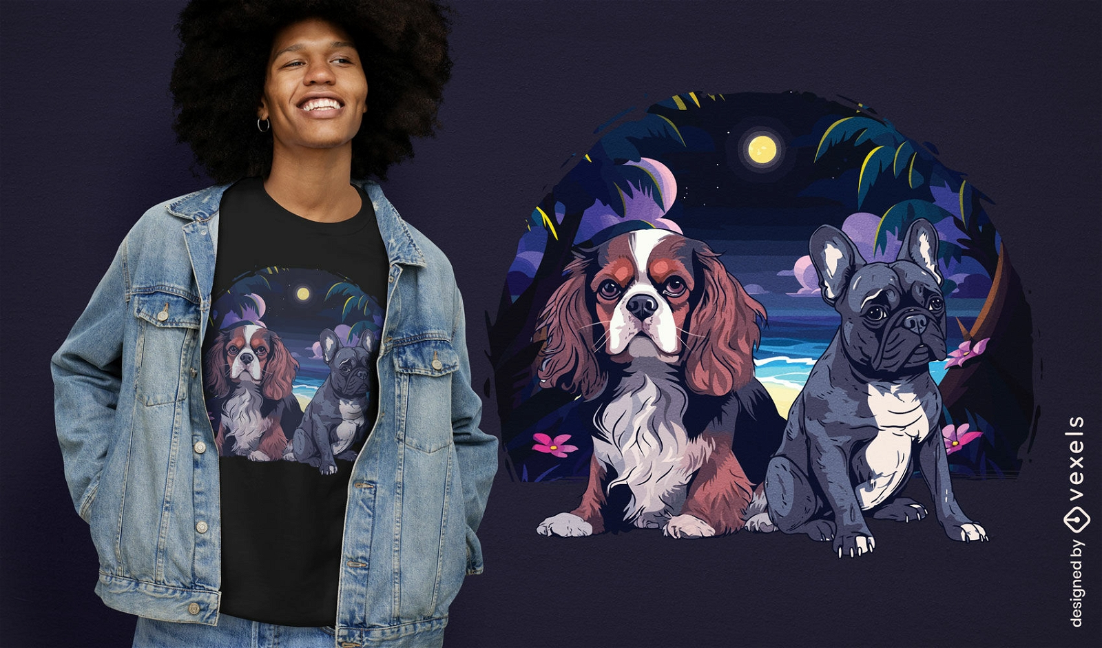 Diseño de camiseta de dos perros de noche.