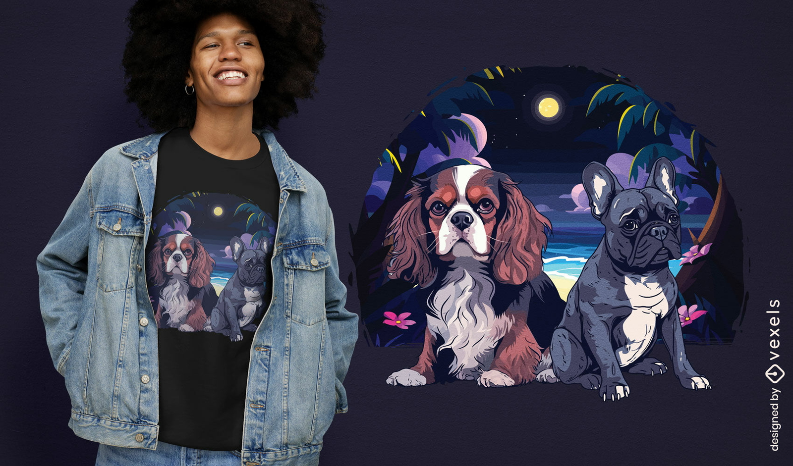 Diseño de camiseta de dos perros de noche.