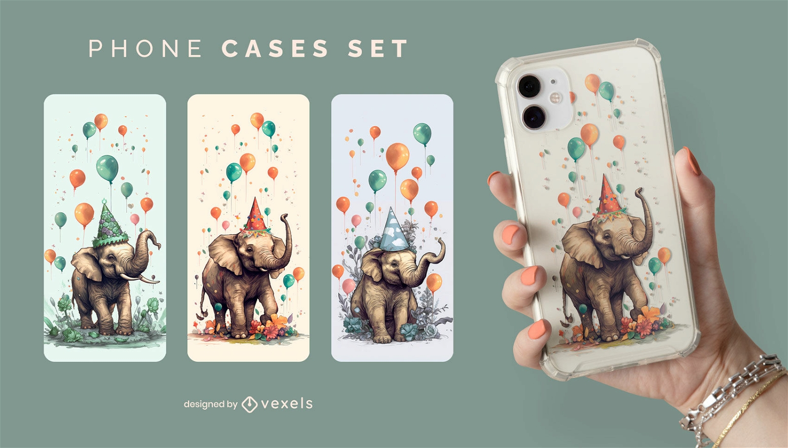 Conjunto de casos de telefone de animais de aniversário de elefante