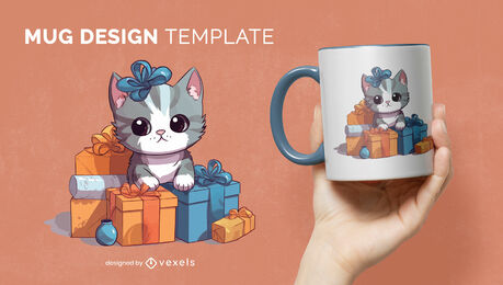 Cute Grey Kitten Animal With Gifts Mug Design Vector Download