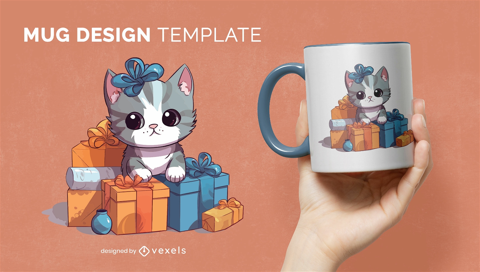 Cute grey kitten animal with gifts mug design