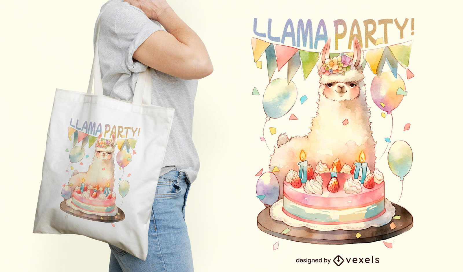 Diseño de bolsa de asas de fiesta de cumpleaños de animales llama