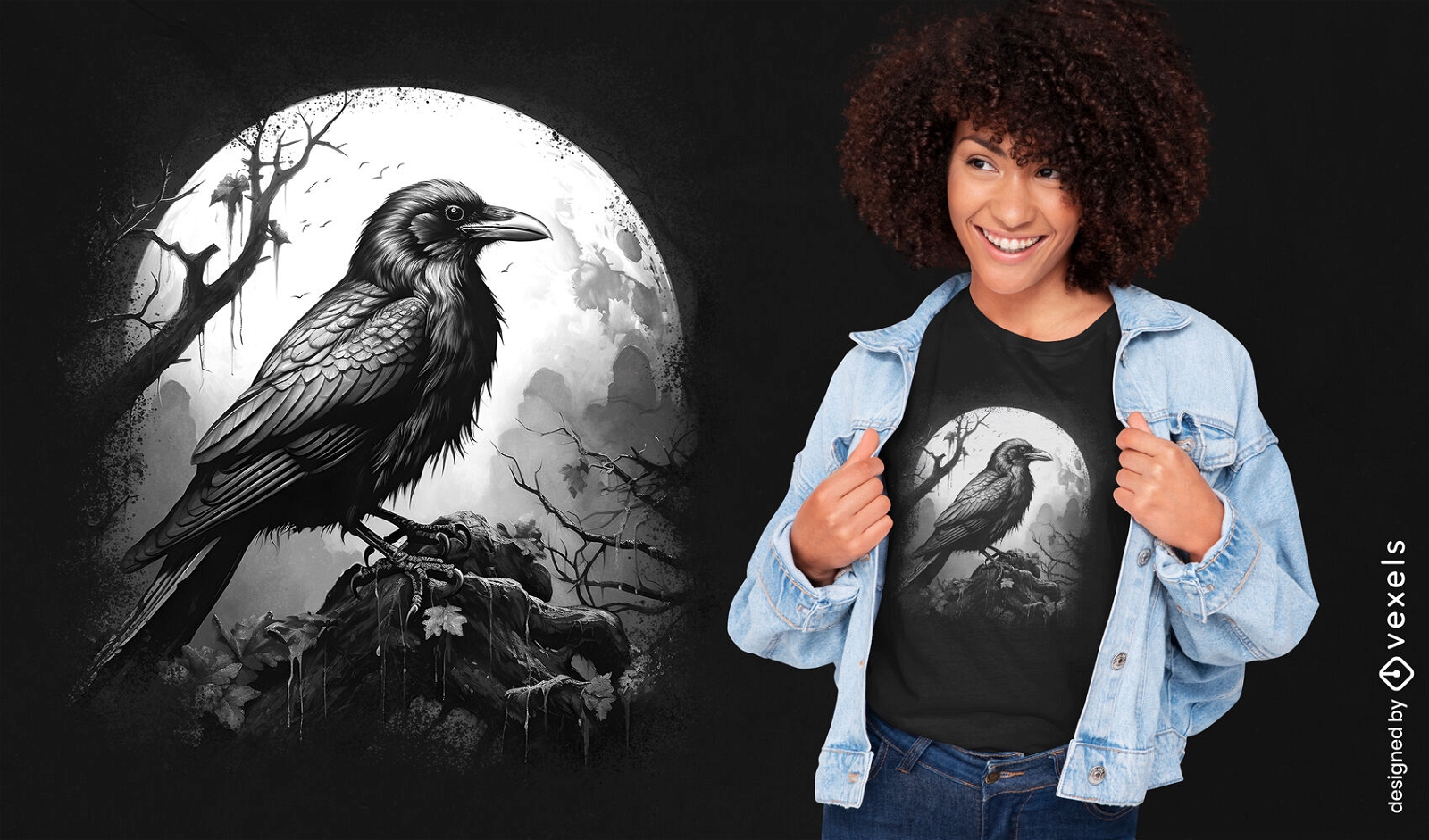 Diseño de camiseta de cuervo y luna llena.
