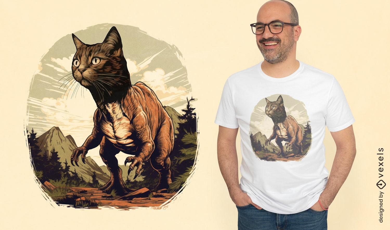Design de camiseta com gato tiranossauro em estado selvagem