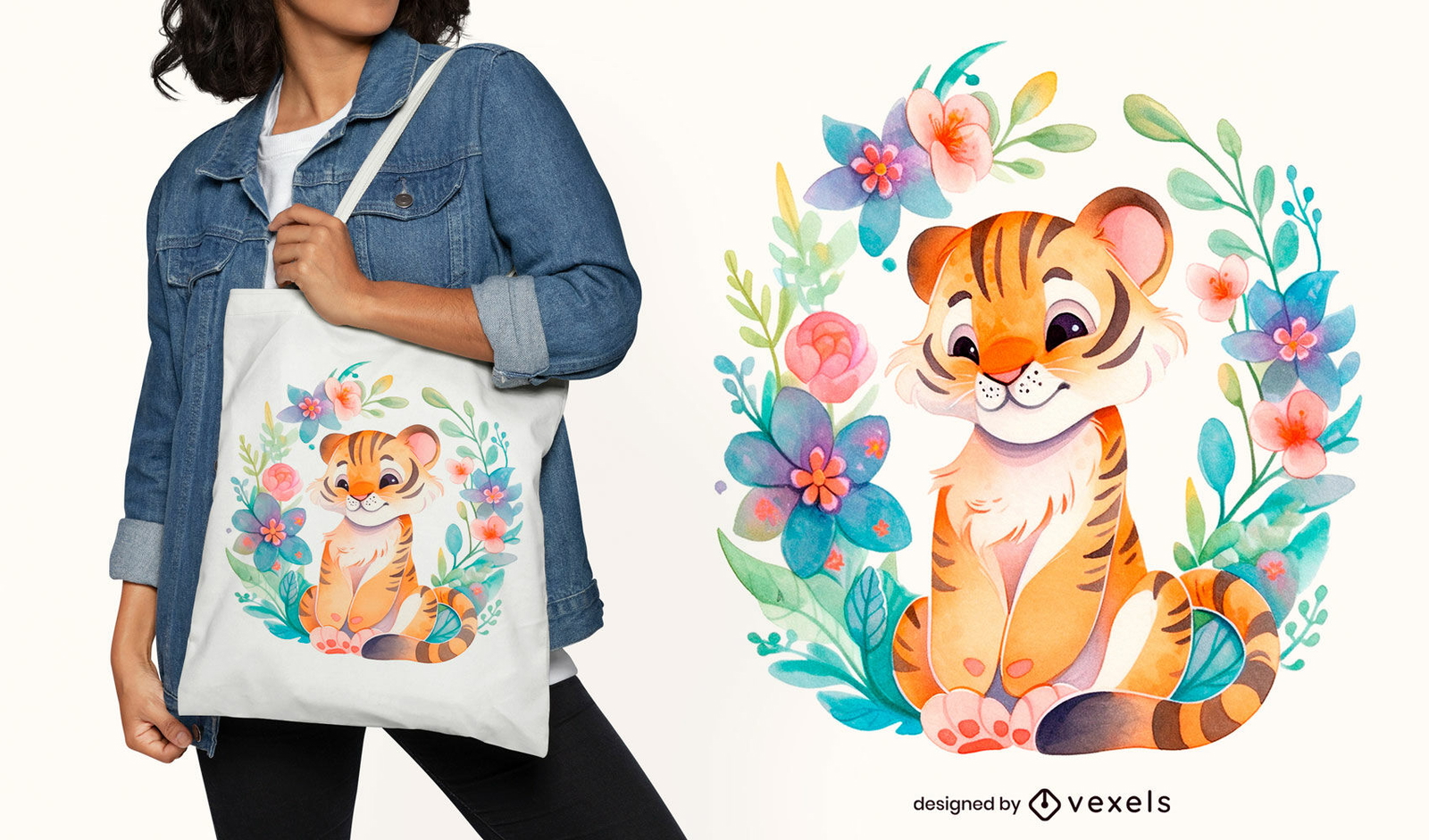 Diseño lindo de la bolsa de asas de la acuarela del cachorro de tigre