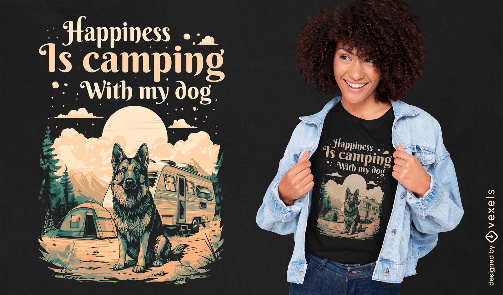 Diseño de camiseta de camping con perro.