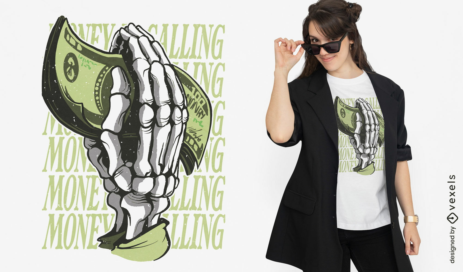 Money in skeleton hand t-shirt design