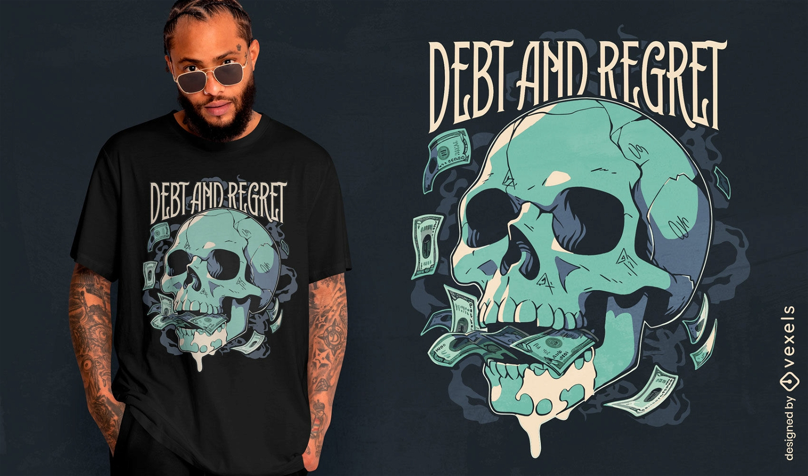 Design de camiseta de caveira de dívida e arrependimento