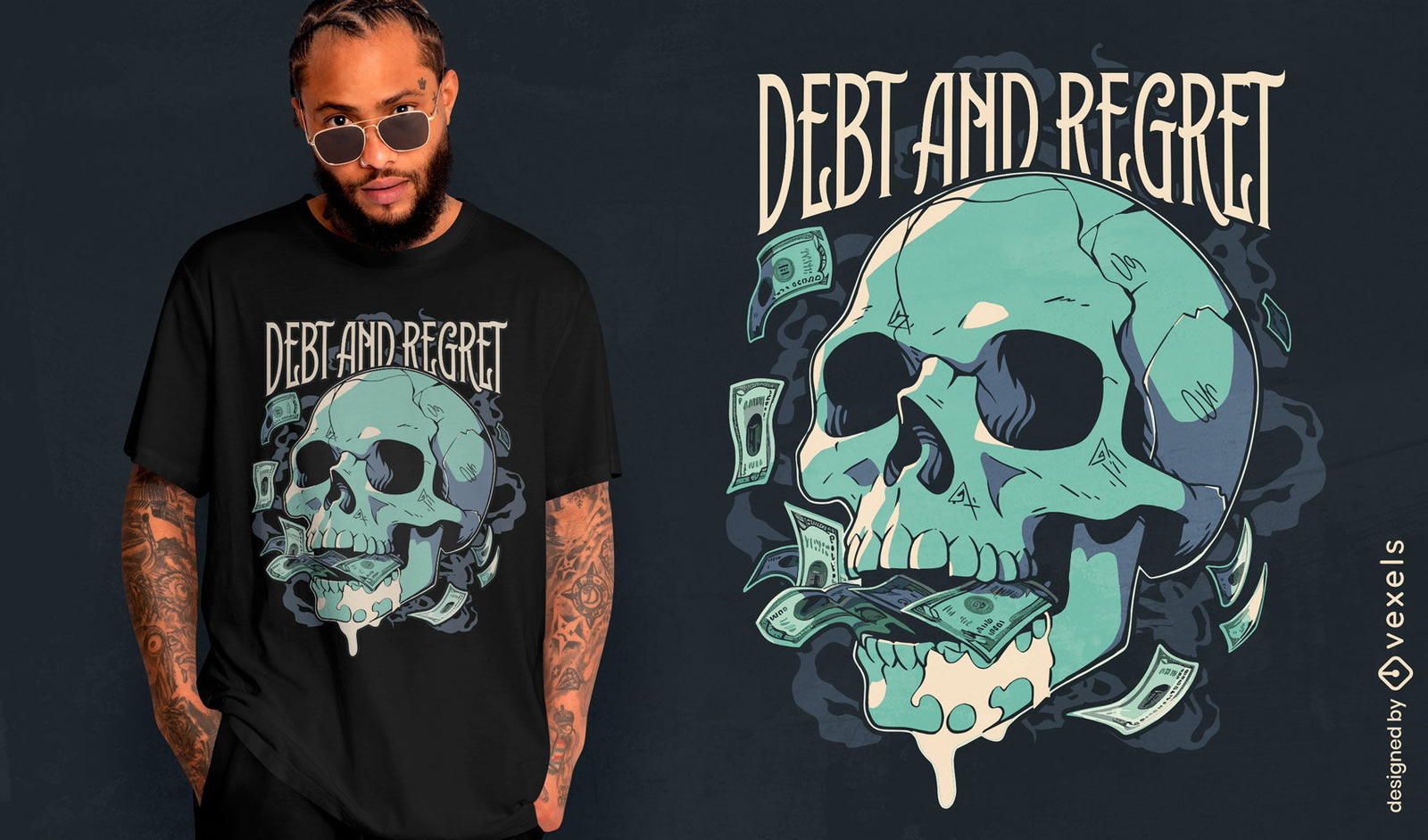 Diseño de camiseta de calavera de deuda y arrepentimiento