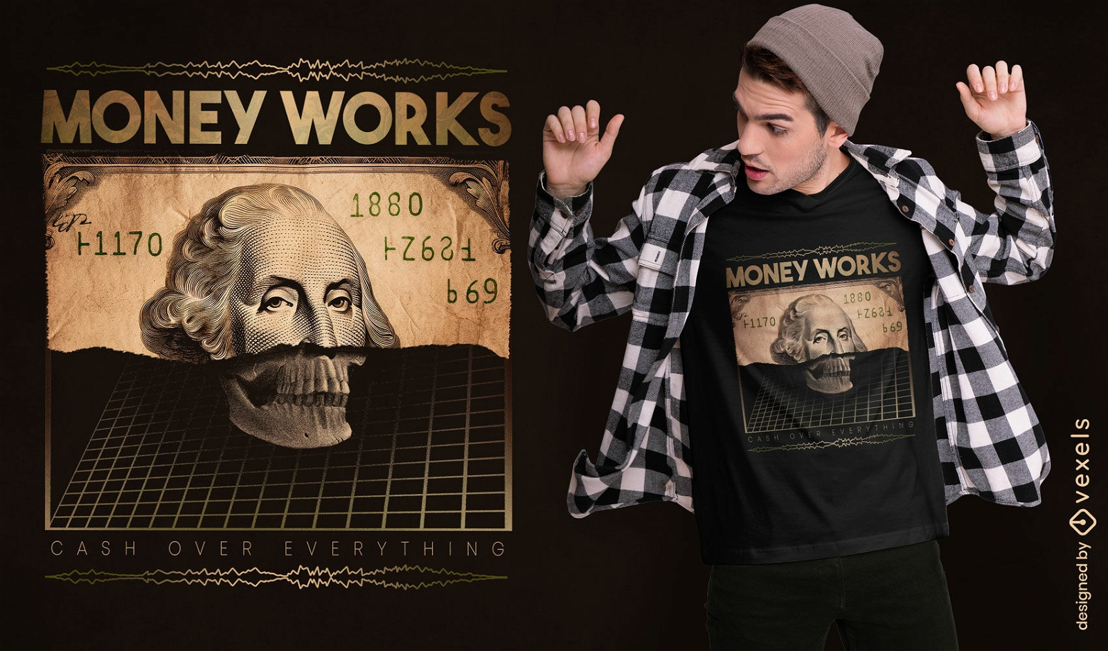 Dinheiro funciona design de camiseta psd em dólar