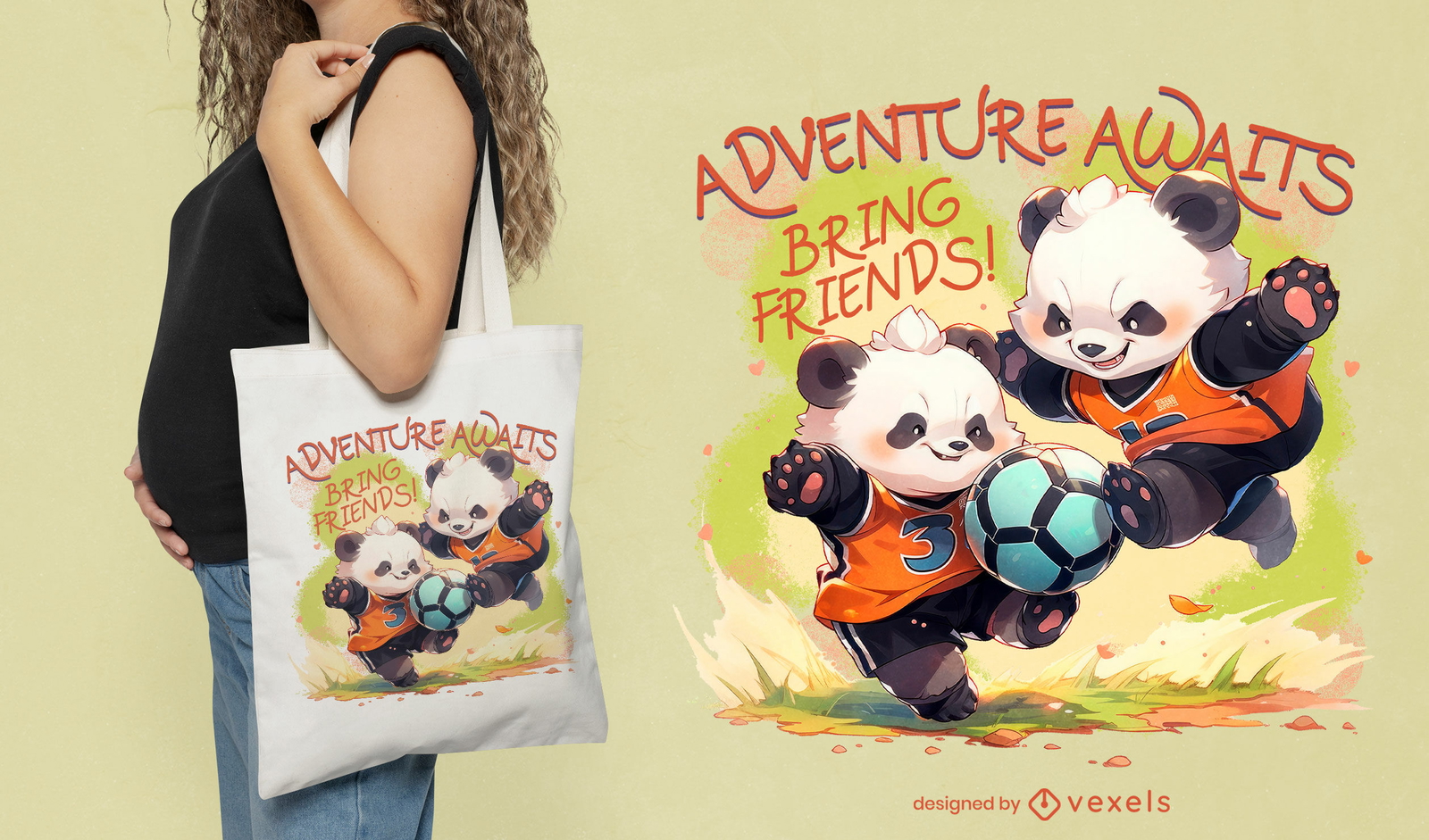 Diseño de bolso tote pandas de fútbol