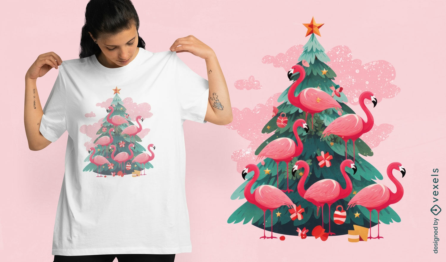Design de camiseta de ?rvore de natal de flamingos rosa