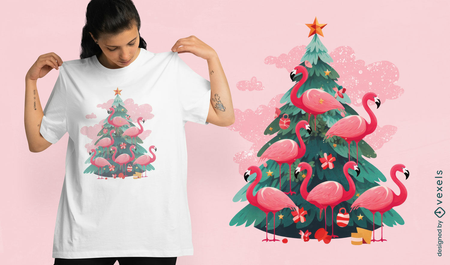 Diseño de camiseta de árbol de navidad de flamencos rosados