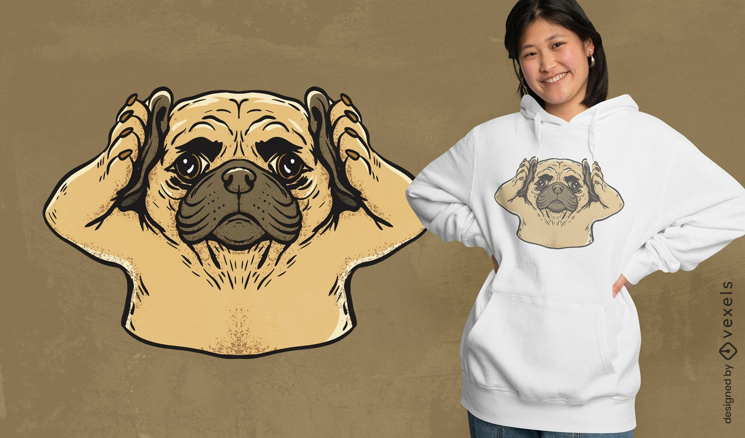 Diseño de camiseta con orejas de perro pug.