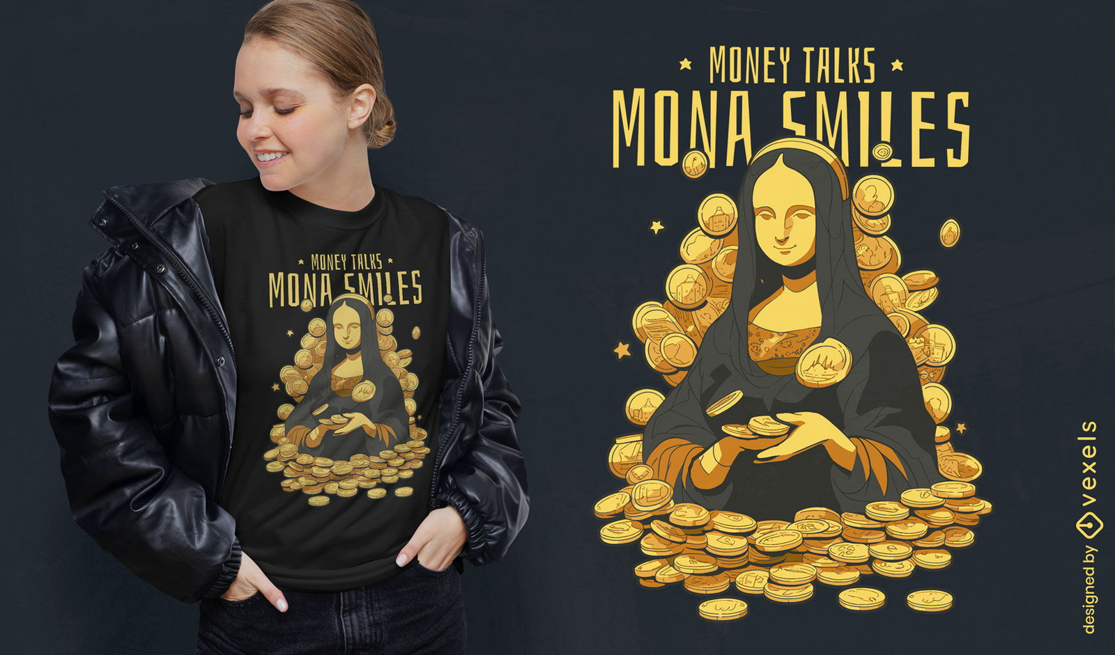 Mona lisa con diseño de camiseta de monedas de oro.