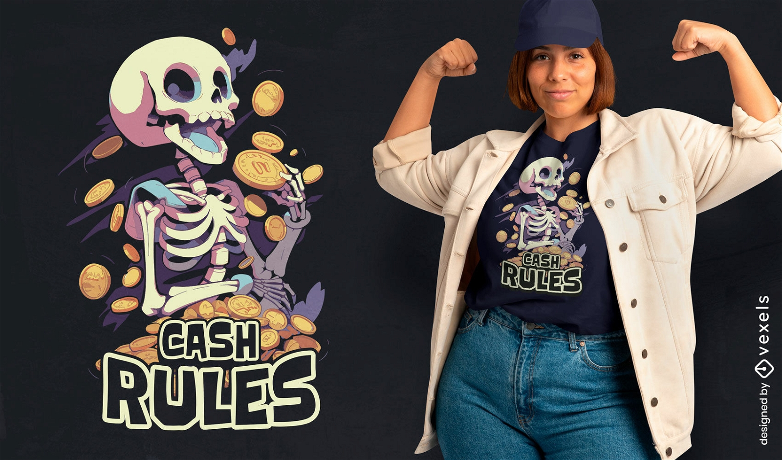 Skeleton with coins cartoon t-shirt design