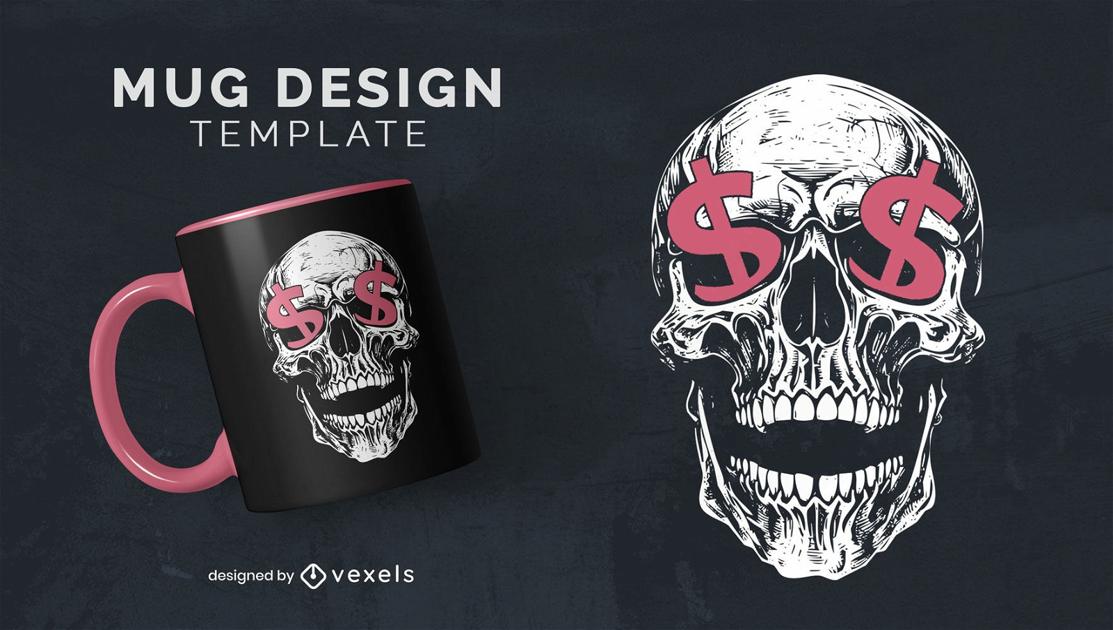 Skull and money signs mug design template