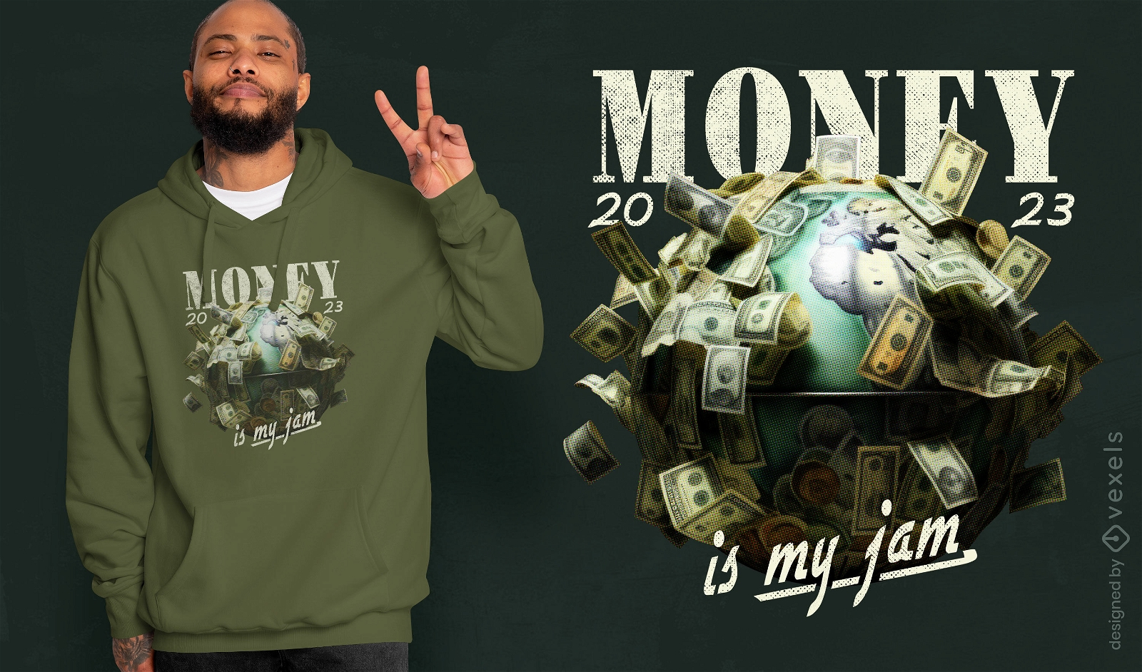 Dollar bills over planet t-shirt design