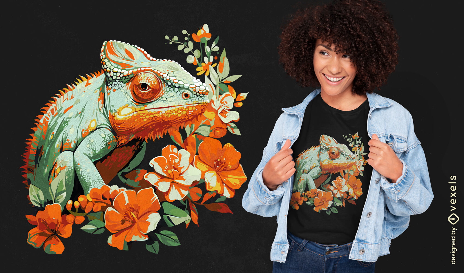 Diseño de camiseta de flores de camaleón.