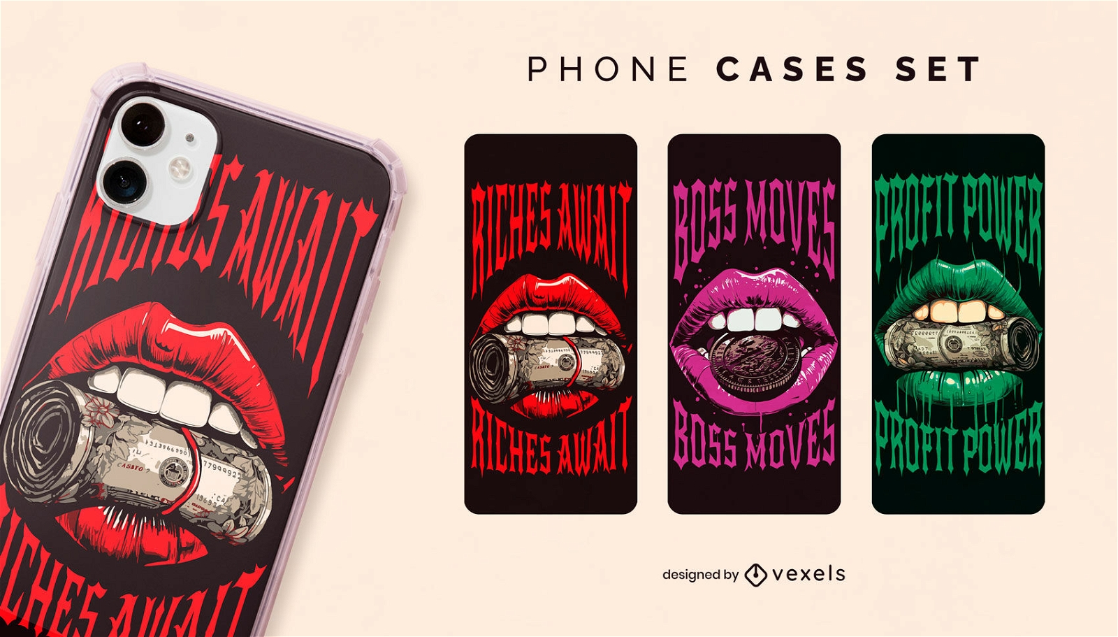 Boca e lábios segurando conjunto de caixa de telefone de dinheiro