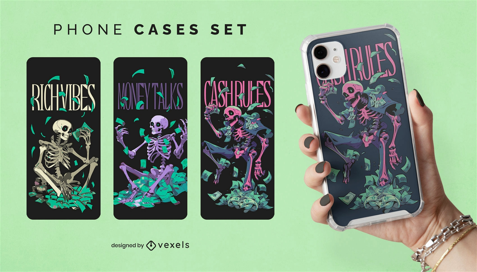 Skeletons with money phone cases set
