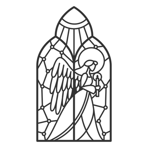 Black and white illustration of an angel in a stained glass window PNG Design