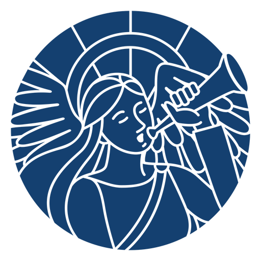 Blue stained glass icon of an angel playing a trumpet PNG Design