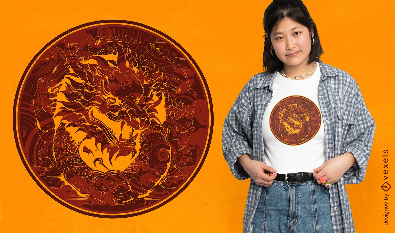 Chinese Dragon Circle T-shirt Design PSD Editable Template
